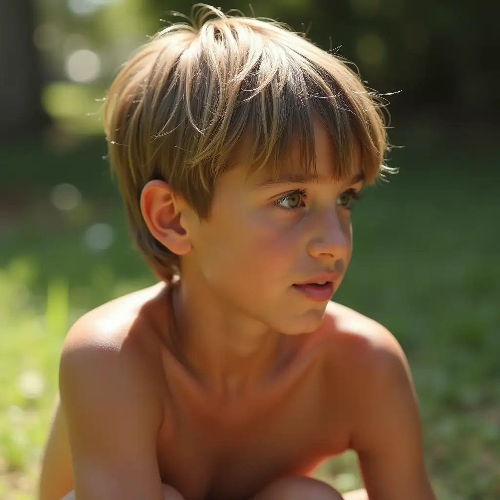 Hyper Realistic Portrait of a ThirteenYearOld Boy with Dark Blond Hair in Sunlit Setting