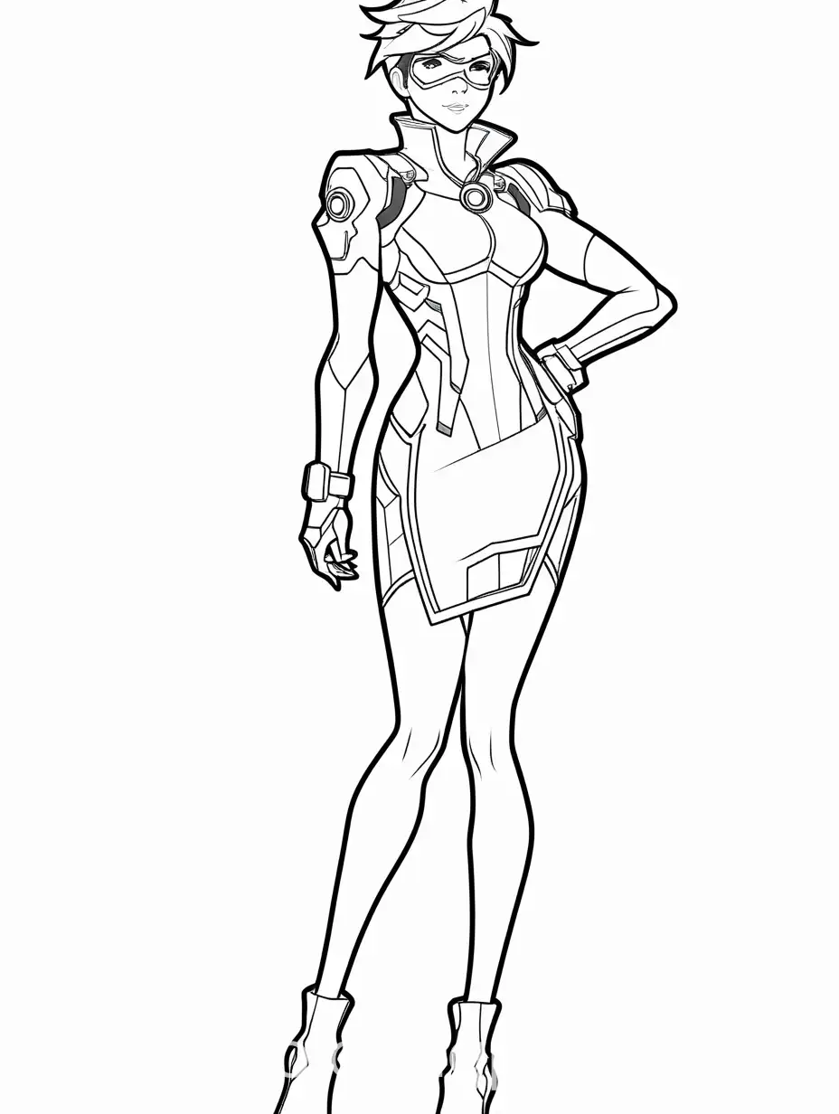 Tracers-Fashionable-Look-Overwatch-Hero-in-Bodycon-Dress-and-Heels-Coloring-Page