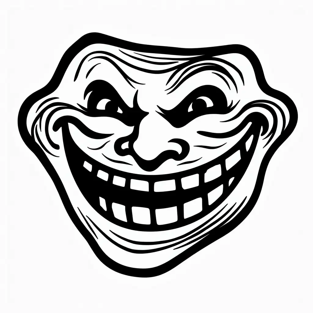 Create a black and white Trollface with an exaggerated grin, highlighting bold, mischievous features.