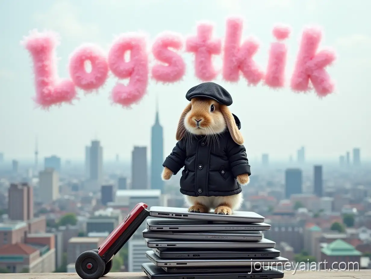 BabyRabbit-on-Laptops-Hamburg-Rabbit-in-Black-Jacket-Standing-on-Laptops-with-Hand-Truck-and-Pink-Clouds-Over-Hamburg-City