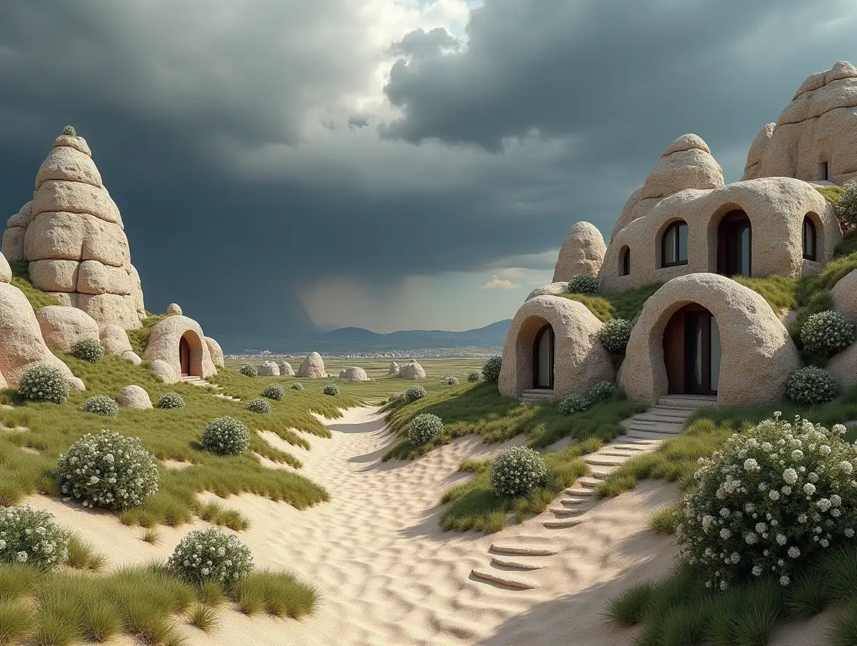 Create a hyperrealistic landscape with extremely realistic rock formations in limestone structure with areas covered with green grass, high resolution and high-quality details, featuring their doors and windows in every house like ultra-realistic houses in the style of Cappadocia, sandy and sandy ground with scattered bushes full of extremely realistic flowers. There is a large, wide and deep crack on the ground. In the distance, a big storm approaches, made up of dark and thick, hyperrealistic clouds and high-resolution details.