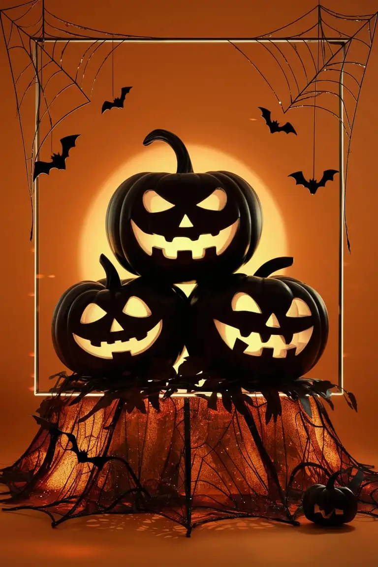 A Halloween-themed frame with a dark silhouette of three carved pumpkins at the bottom, surrounded by intricate spiderwebs and hanging bats on the corners. The background is a solid bright orange, leaving space in the center for text or designs. Slightly enhance the details of the spiderwebs and add a faint glow around the pumpkins to make them pop.