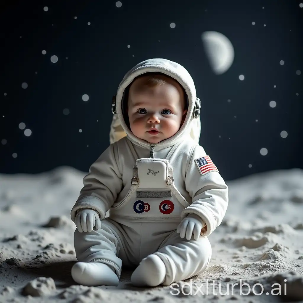 baby wearing spacesuit on the moon