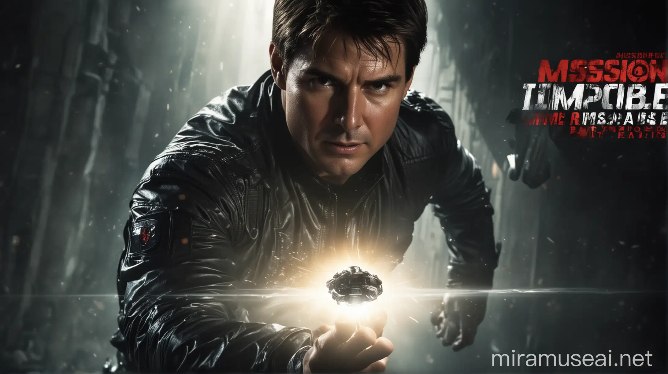 Tom Cruise in Mission Impossible Dead Reckoning Part Two Movie Poster with Glowing Object