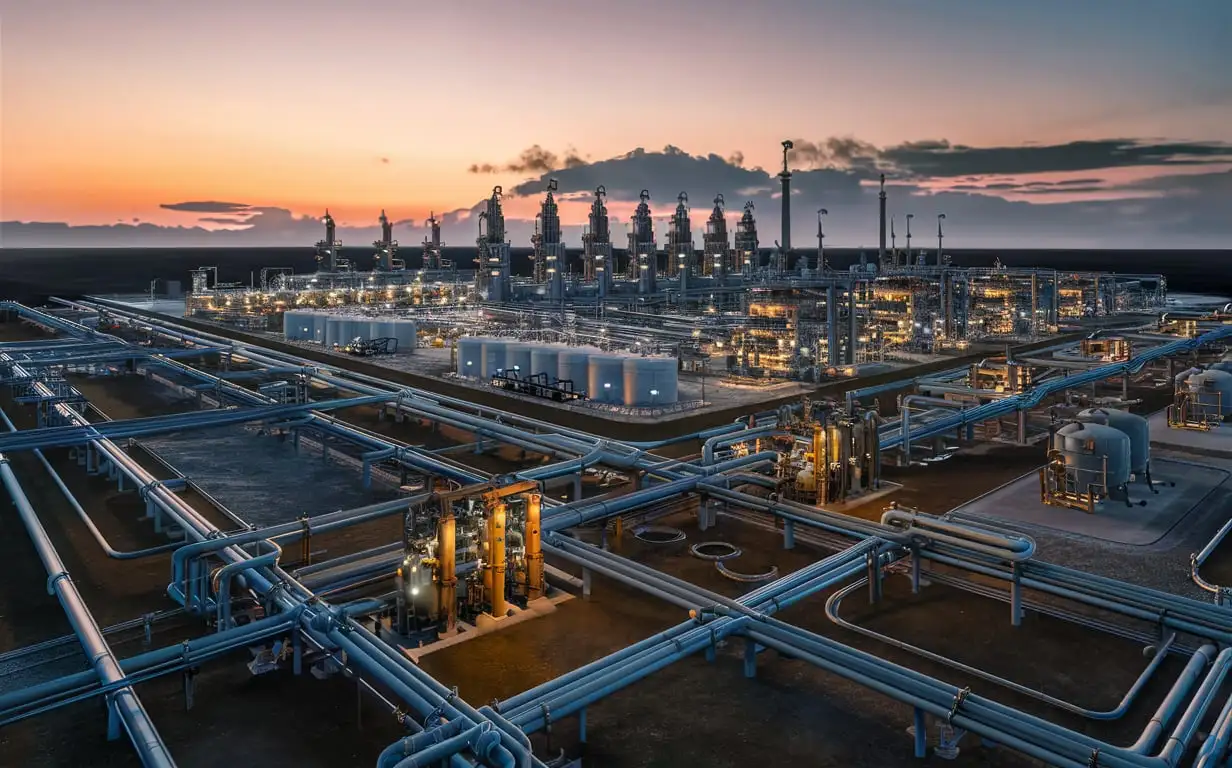 Expansive Modern Gas Hub at Dusk with Realistic Orange Sunset Glow