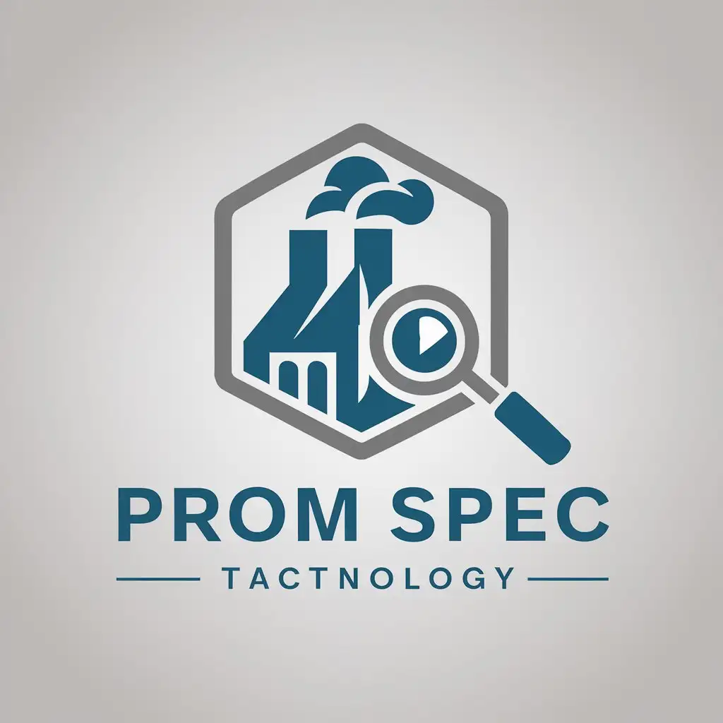 LOGO Design for PROM SPECTECHNOLOGY Blue Gray Factory with Magnifying Glass on White Background