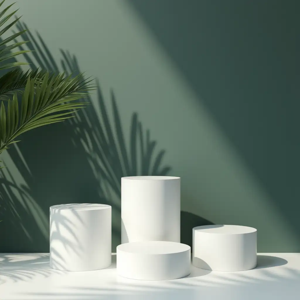 A minimalist, product display mockup, featuring four white cylindrical podiums against a dark, muted green textured wall with the shadows of tropical palm leaves.  The texture of the wall and shadows must create a realistic 3D effect, subtly reflecting natural light.