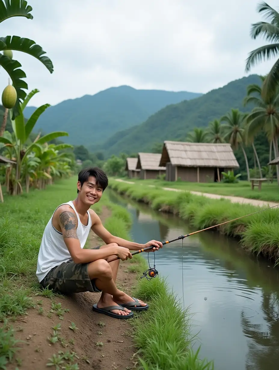 Korean-Man-Fishing-in-Serene-Tropical-Garden-with-Bamboo-Huts-and-Lush-Greenery