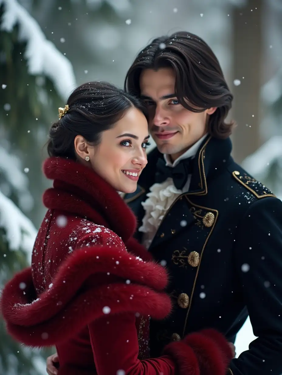 Close-up. In a snow-covered Victorian park, a couple in love is depicted among thick fir trees dusted with fresh snow. A young woman with dark hair is dressed in a luxurious crimson outfit with rich fur inserts that radiate warmth and elegance. Her bright smile and sparkling eyes radiate joy and intimacy, perfectly complementing her outfit. A handsome young lord stands next to her, shoulder-length black hair framing his chiseled features. Dressed in a dark Victorian-style suit with intricate details, he exudes nobility and charm. His dynamic pose, in which he may be gently embracing a woman with one arm, reflects a mixture of passion and a desire to protect. When snowflakes gracefully fall around them, the atmosphere is filled with comfort and at the same time luxury, and the couple embodies timeless romance in the middle of a winter wonderland. The rich colors of their clothes contrast perfectly with the snow-white snow, creating an exciting sight, raw style