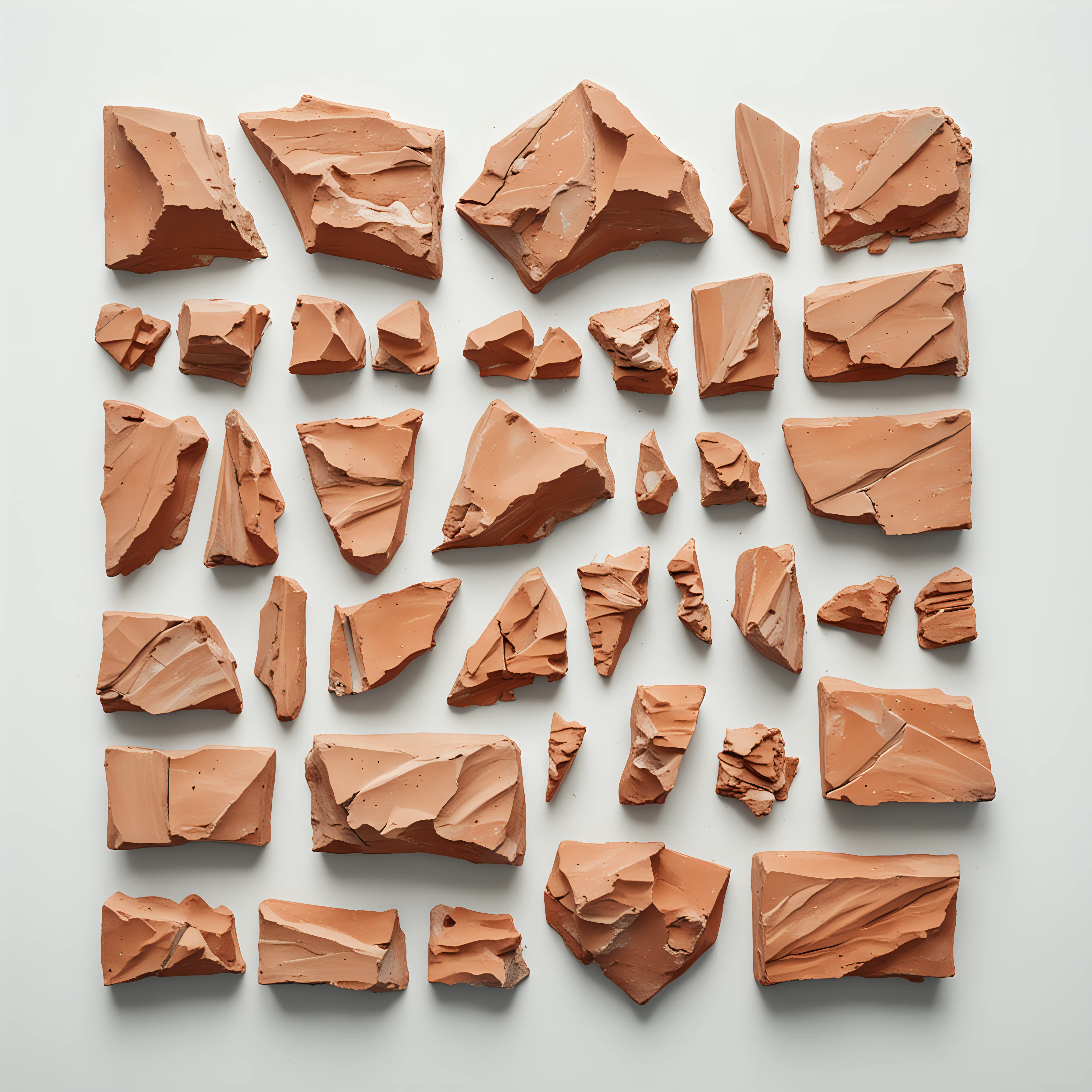 view strictly from above: terracotta fragments, large and small. White background.