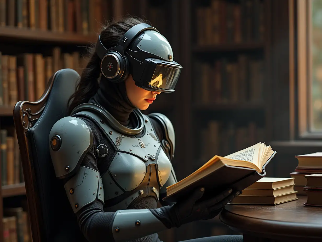 a 17 year old woman from the future equipped with technologies, vastly covered, sitting in an old-fashioned library, lots of books in background, head tilted down, she is reading an ancient book through scanning vr goggles reflecting the pages, wearing ultra modern partially armored suit, helmet with headphones, large ergonomic display on forearm, gloves, packed with wearable hardware