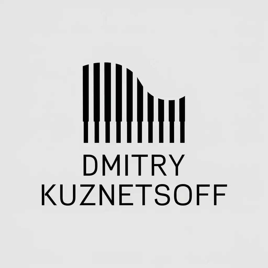 a vector logo design,with the text "Dmitry Kuznetsoff", main symbol:Piano or pianino, or piano keyboard. Association with jazz,Minimalistic,be used in Entertainment industry,clear background