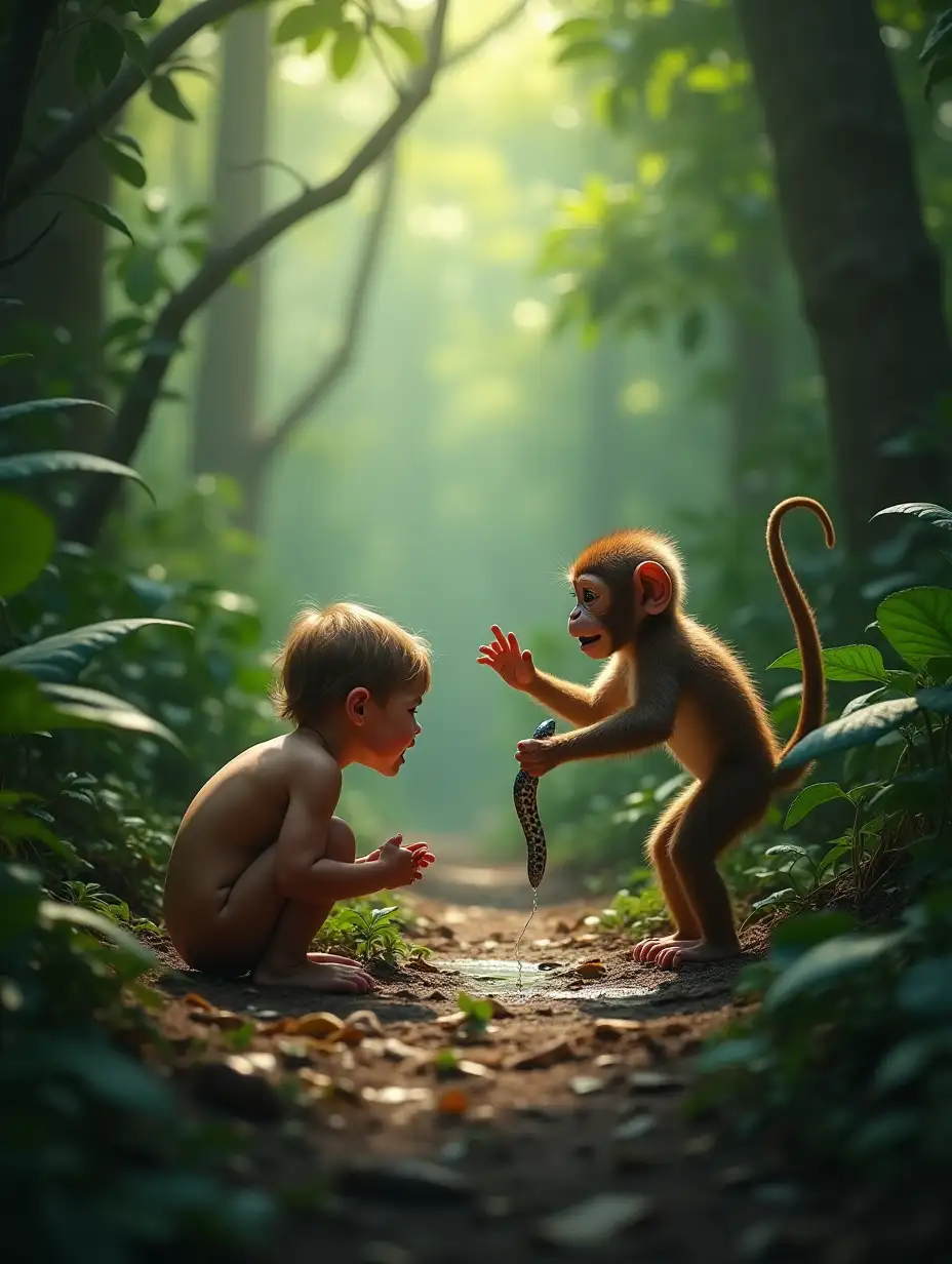 A snake in a jungle slowly approaching a crying child. Nearby, a cute brown baby monkey watches the scene and suddenly leaps to defend the child, attacking the snake with bravery. The jungle is dense, with vibrant green foliage and sunlight filtering through the
