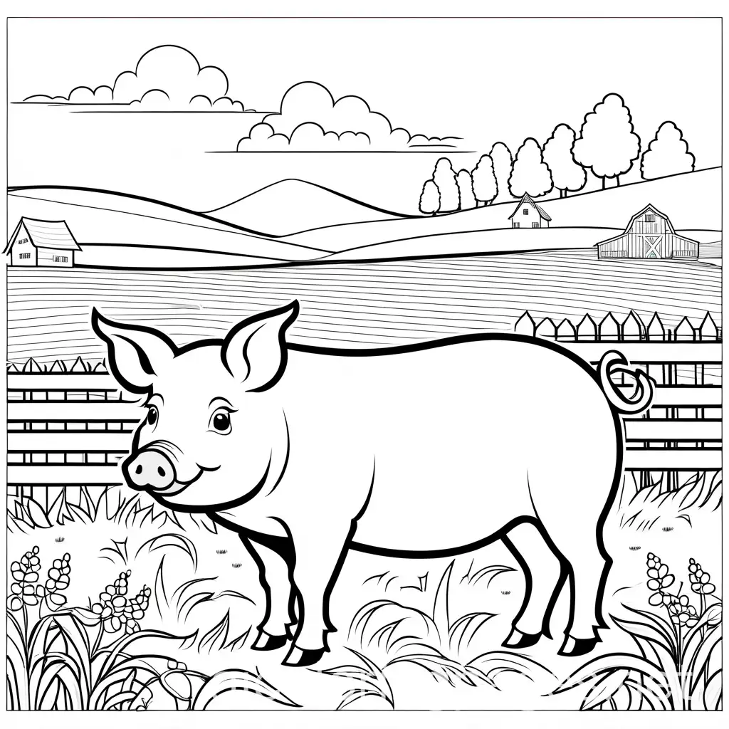 A pig in a farm, Coloring Page, black and white, line art, white background, Simplicity, Ample White Space. The background of the coloring page is plain white to make it easy for young children to color within the lines. The outlines of all the subjects are easy to distinguish, making it simple for kids to color without too much difficulty