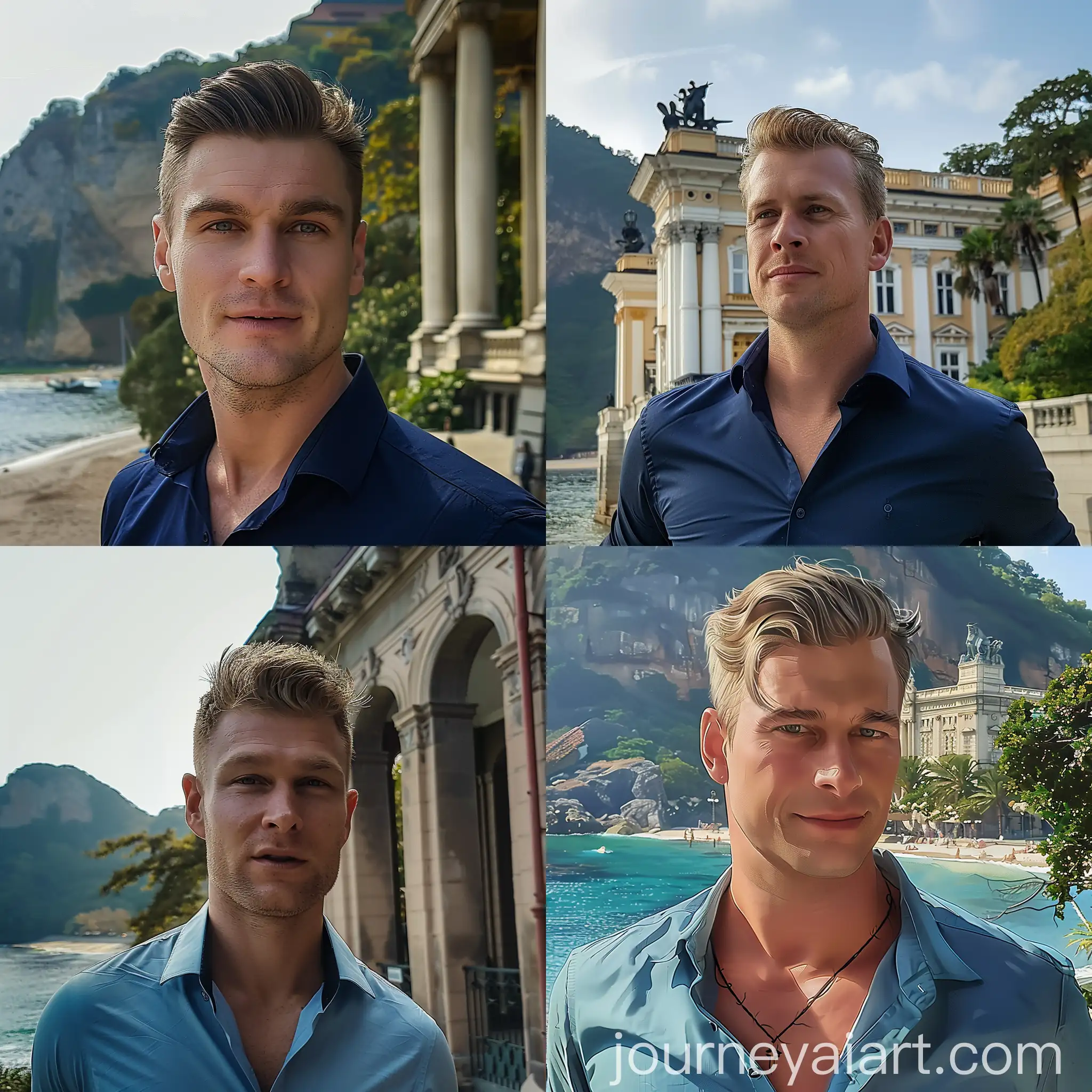Elegant-Blond-Man-in-Blue-Shirt-Standing-Before-Elegant-Building
