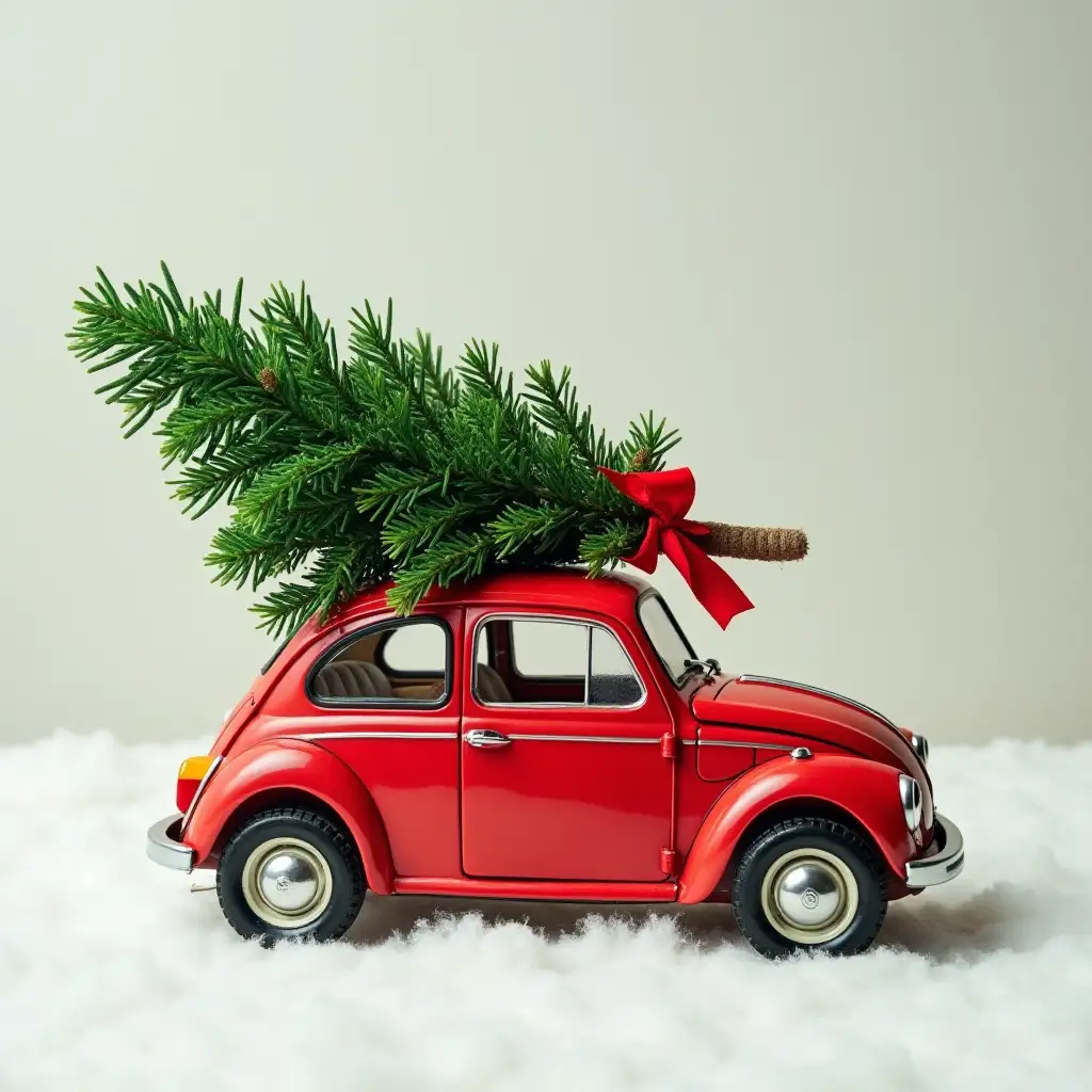 A little red car, carrying a fluffy green Christmas tree with a red ribbon