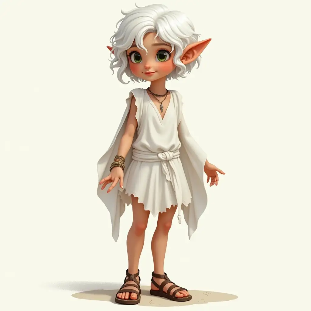 Elf girl, realistic style, pointed ears, short white curly hair, dressed in a white chiton, sandals on her feet