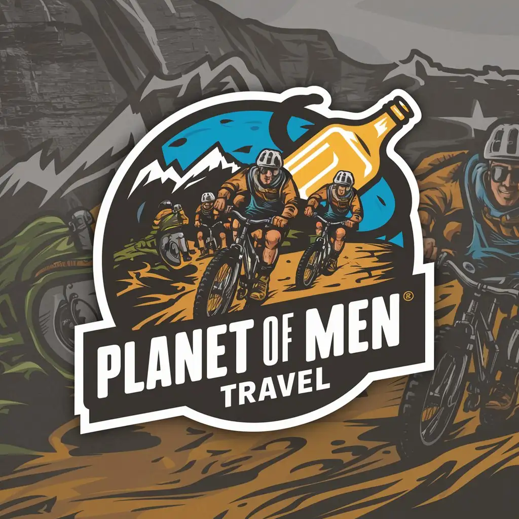 a logo design,with the text "Planet of men", main symbol:Group of men on bikes on a hike with a planet with beer in the background,complex,be used in Travel industry,clear background