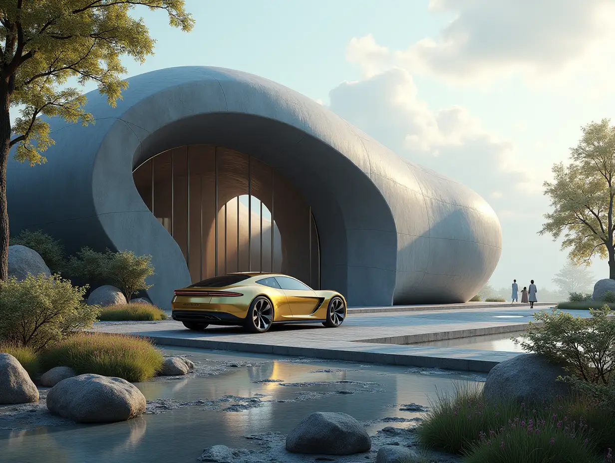 Create a high-resolution realistic image in 4k resolution a futuristic grey-black building with curved pillars, trees, rocks, flowers a futuristic golden vehicle with glass window cloudy sky