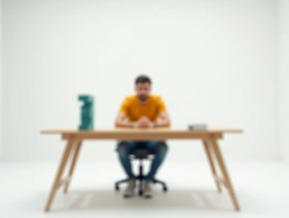 Visualise a scene in an infinity cove with a white background. There is a smart wooden ikea desk (LINNMON / ADILS) in the centre. A 28 year old man sits on a modern charcoal chair behind the desk, facing the camera. He is wearing a coloured yellow orange t-shirt (#F4AF1A), jeans and trainers. He looks frustrated. A jenga tower with different shaded teal bricks stands on the table. It is loosely built so it looks like it's going to fall. Show the full desk and scene.