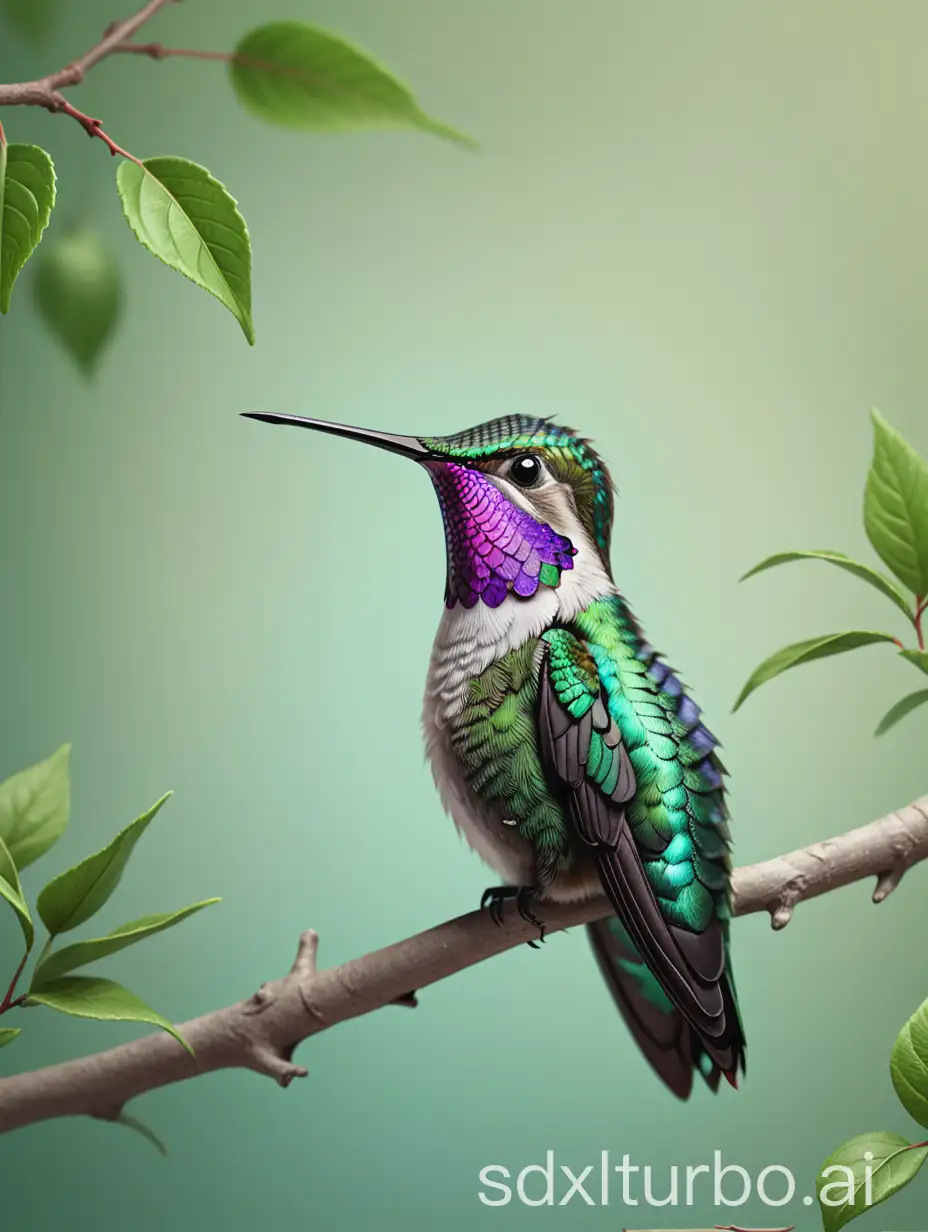 A close-up image of an ultra-realistic, high-resolution hummingbird perched on a branch with green leaves and a pastel background