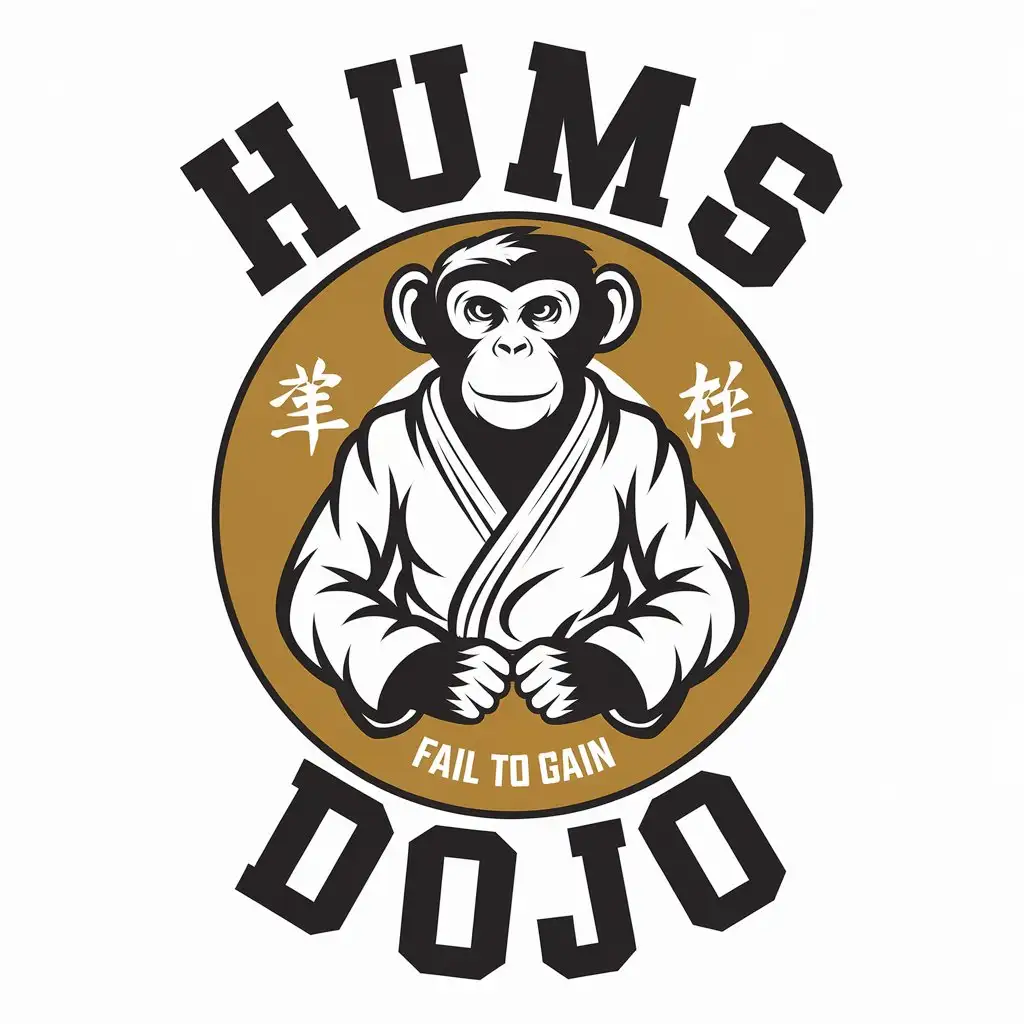 LOGO Design for Hums Dojo Monkey in Gi with Gold and Taekwondo Theme for Sports Fitness