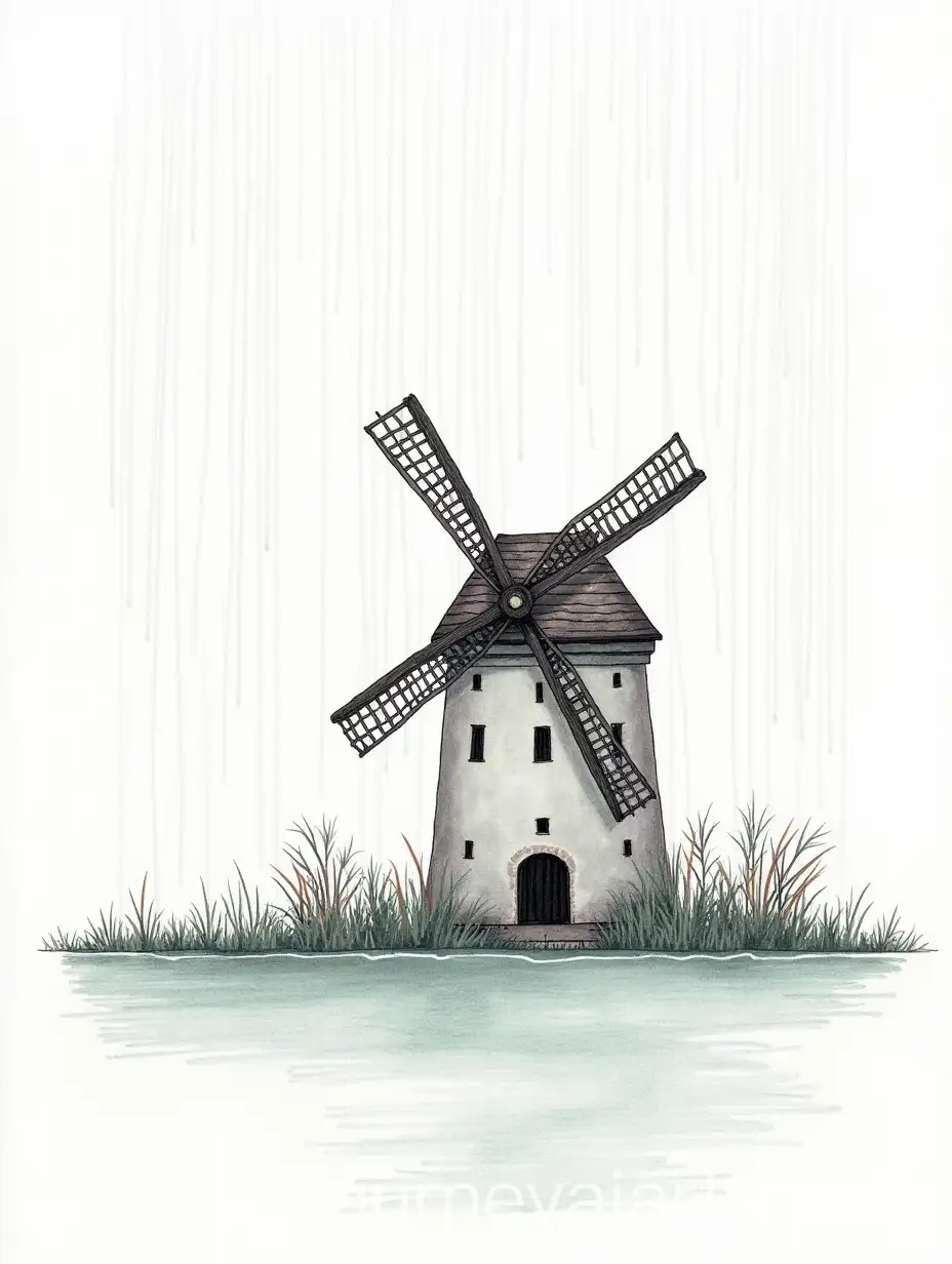 Childs-Drawing-of-an-Old-Mill-on-a-Rainy-Day
