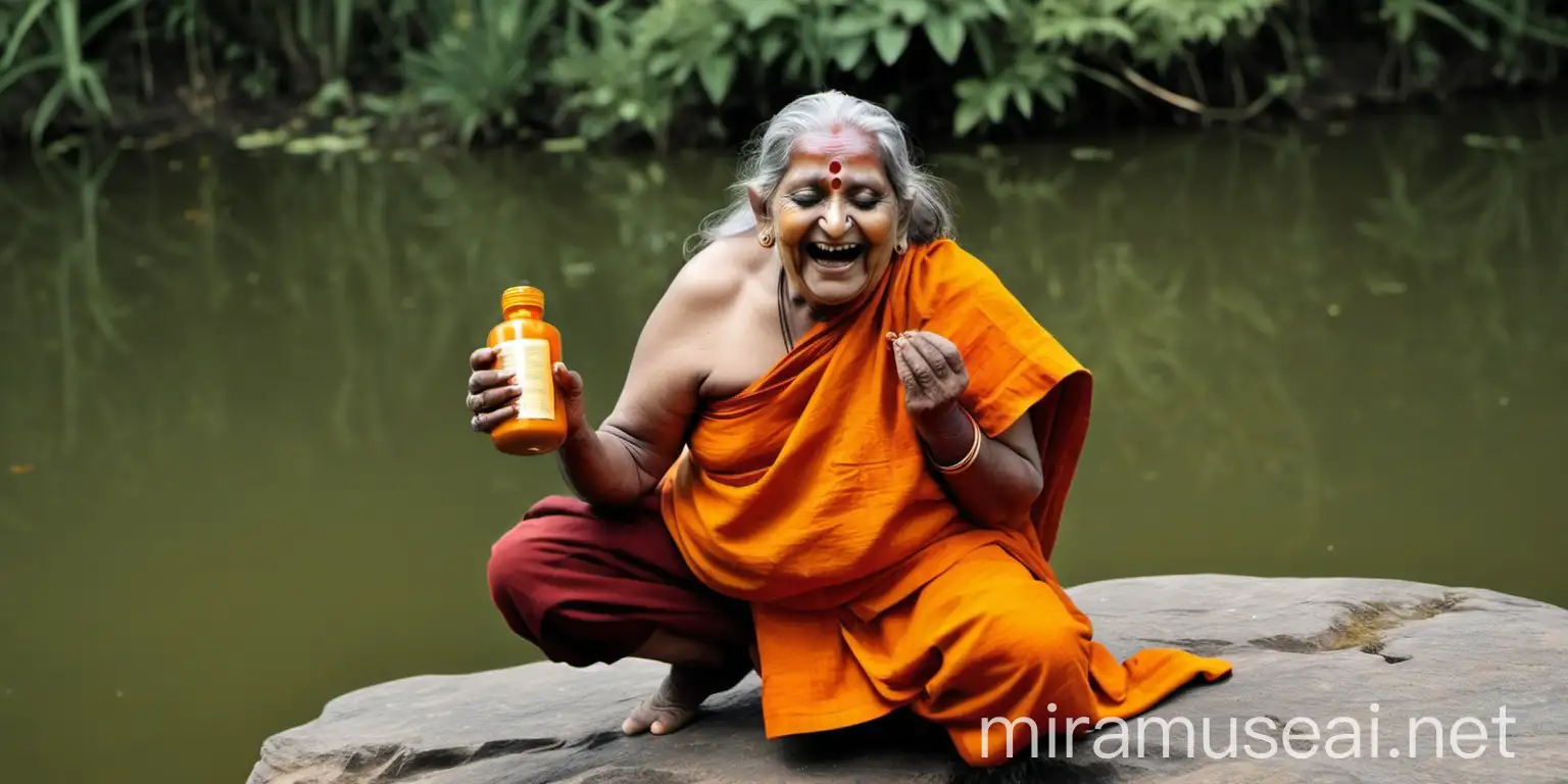 Senior Hindu Monk Woman Laughing at Morning Pond with Turmeric Powder