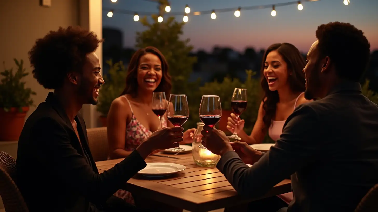 Evening Gathering of Stylish AfricanAmerican Adults with Red Wine on Patio