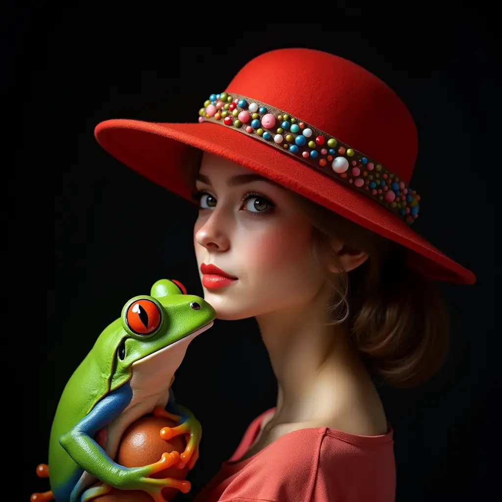 Hyperrealistic portrait of a frog and woman with red hat with the elaborately detailed, colorful with black background