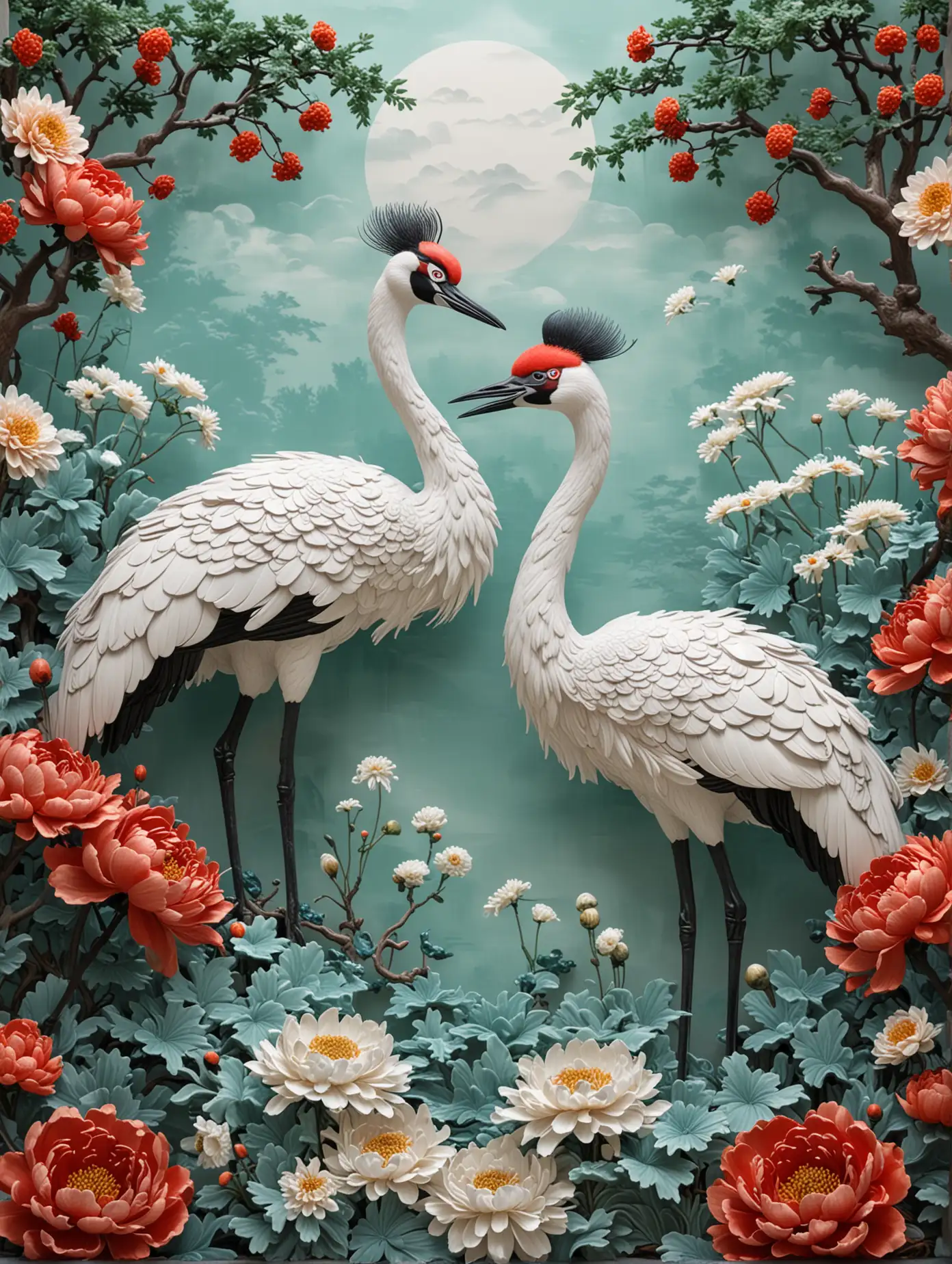 Graceful RedCrowned Cranes Amidst Peonies and Chrysanthemums