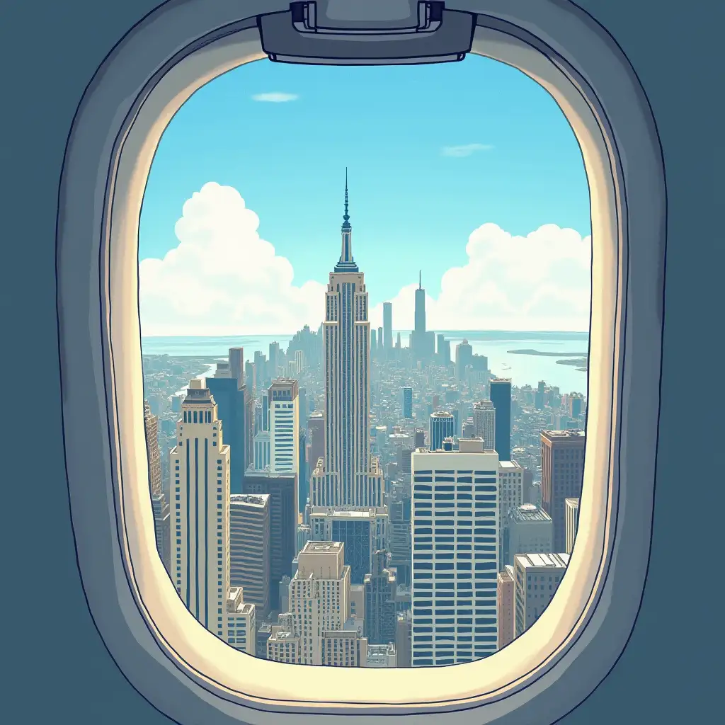 Childrens Book Illustration of NYC Skyline from Airplane Window Seat