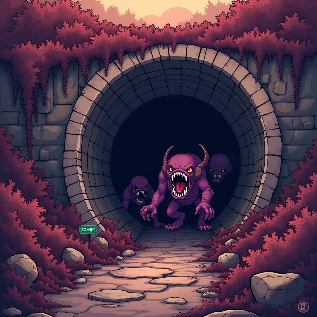 you have to create a map for a board game, colors are brown and purple, in cartoon style with grain but realistic, shows the entrance of a derelict concrete tunnel covered with vegetation that seems alive, monsters with large bloody teeth come out of the tunnel, there is a small sign at the bottom of the map with '30HP' written on it