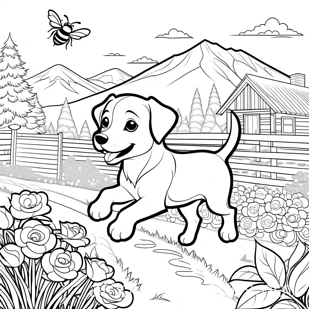 Puppy-Chasing-Bees-in-Rose-Garden-Coloring-Page