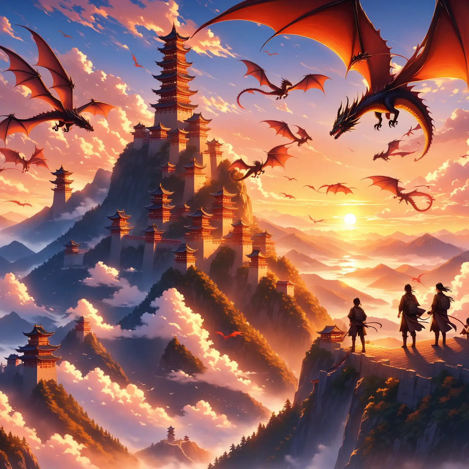 Mountain Range with Dragon Riders at Sunset