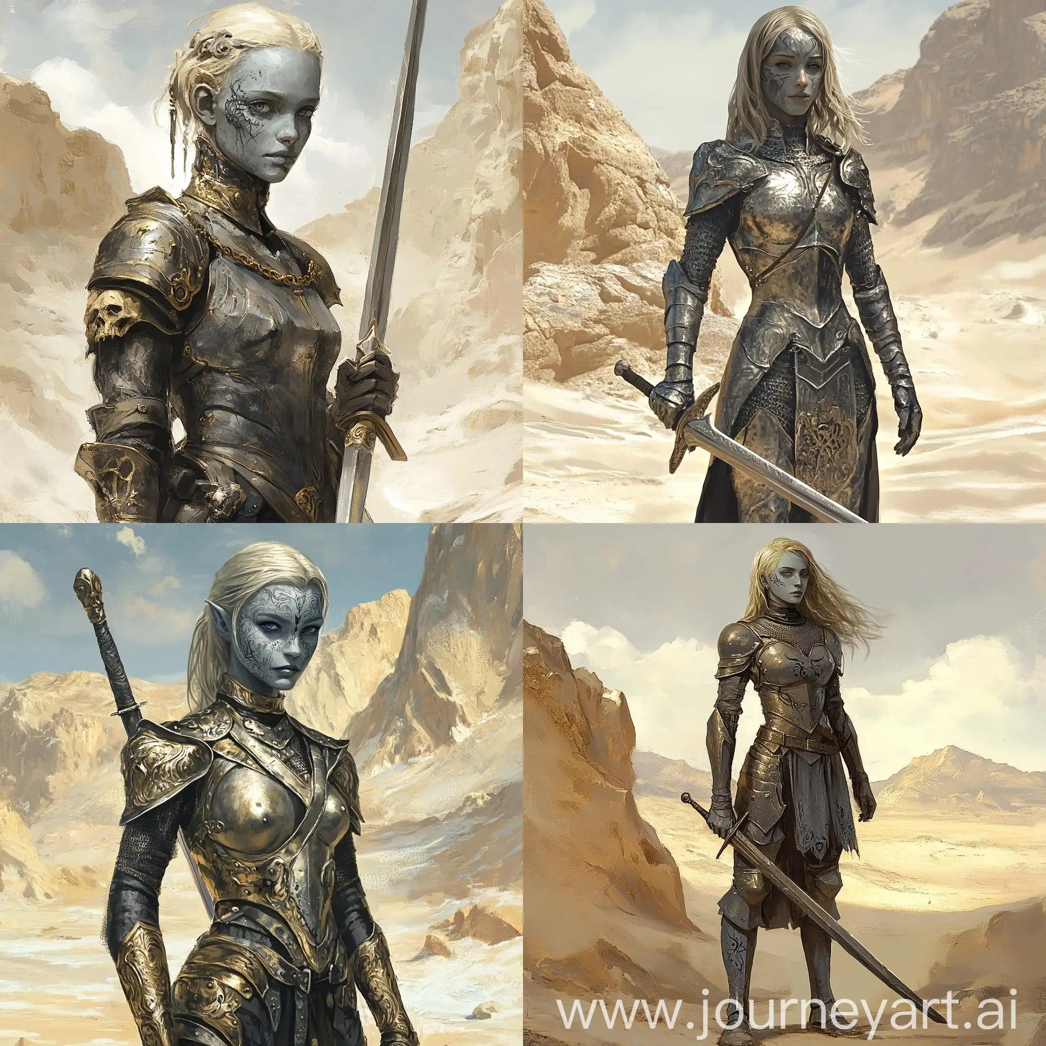 Victorian-Style-Grey-Stone-Girl-with-Sword-in-Desert-Mountains