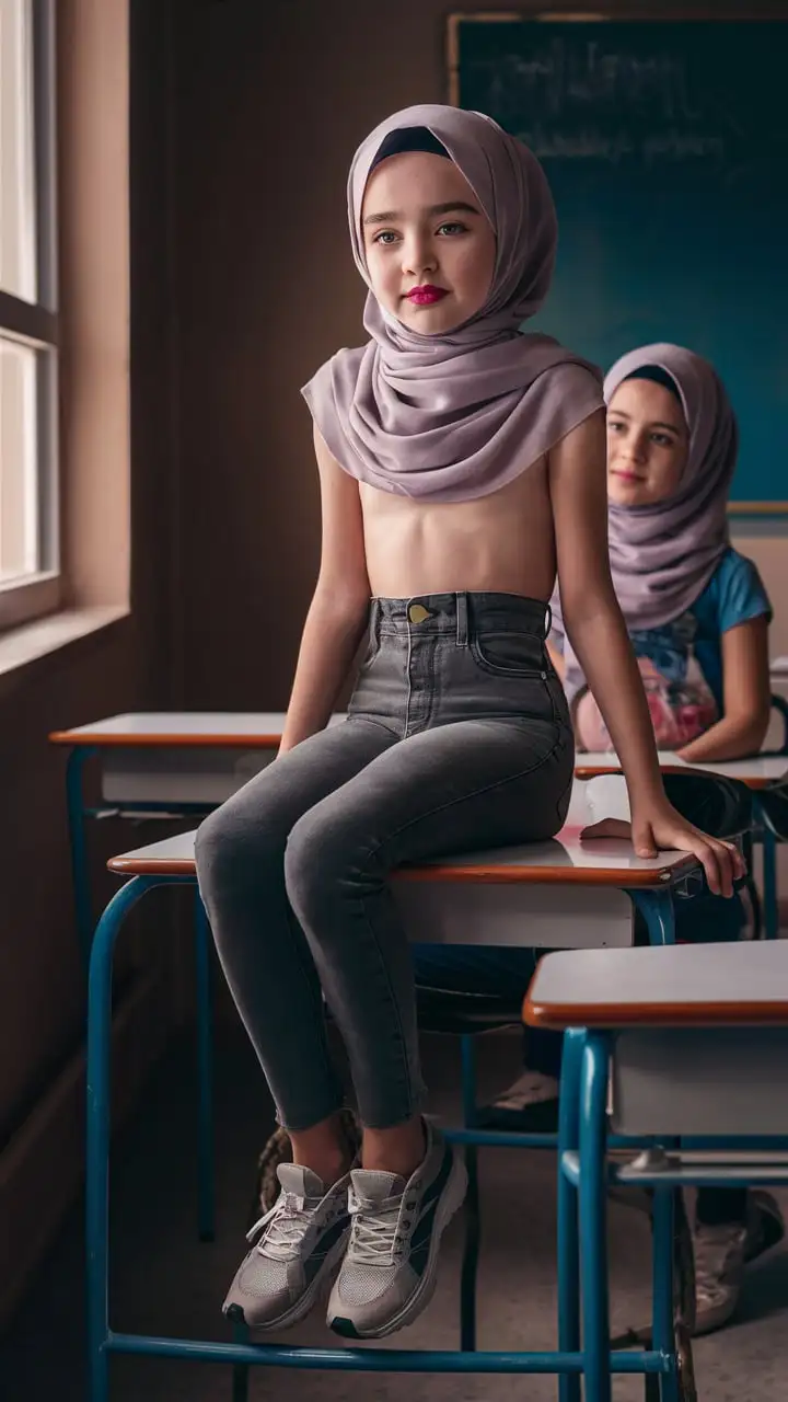 Teenage Girl in Classroom Wearing Hijab and Jeans