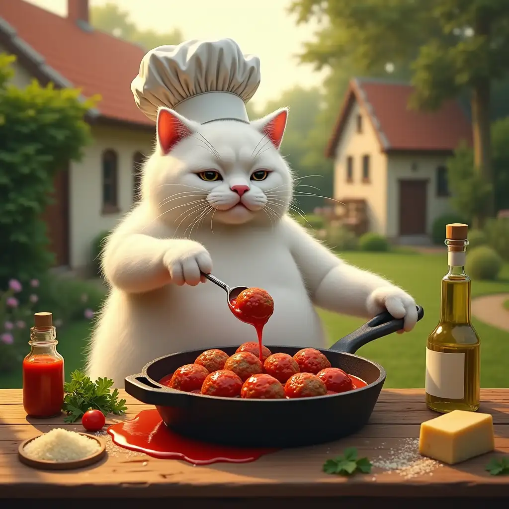 a very large funny creature anthropomorphic white cat,   its chef’s hat slightly tilted, is carefully ladling a rich, red tomato sauce over the meatballs in the cast-iron skillet. Its right paw holds a small ladle, while its left paw steadies the skillet handle. The sauce glistens under the sunlight, and steam rises dramatically as it simmers around the meatballs. On the rustic wooden table are a jar of tomato sauce, a bottle of olive oil, scattered herbs like parsley, and grated parmesan cheese. The lush green garden and rustic cottages provide a charming backdrop, with golden light adding warmth to the scene.