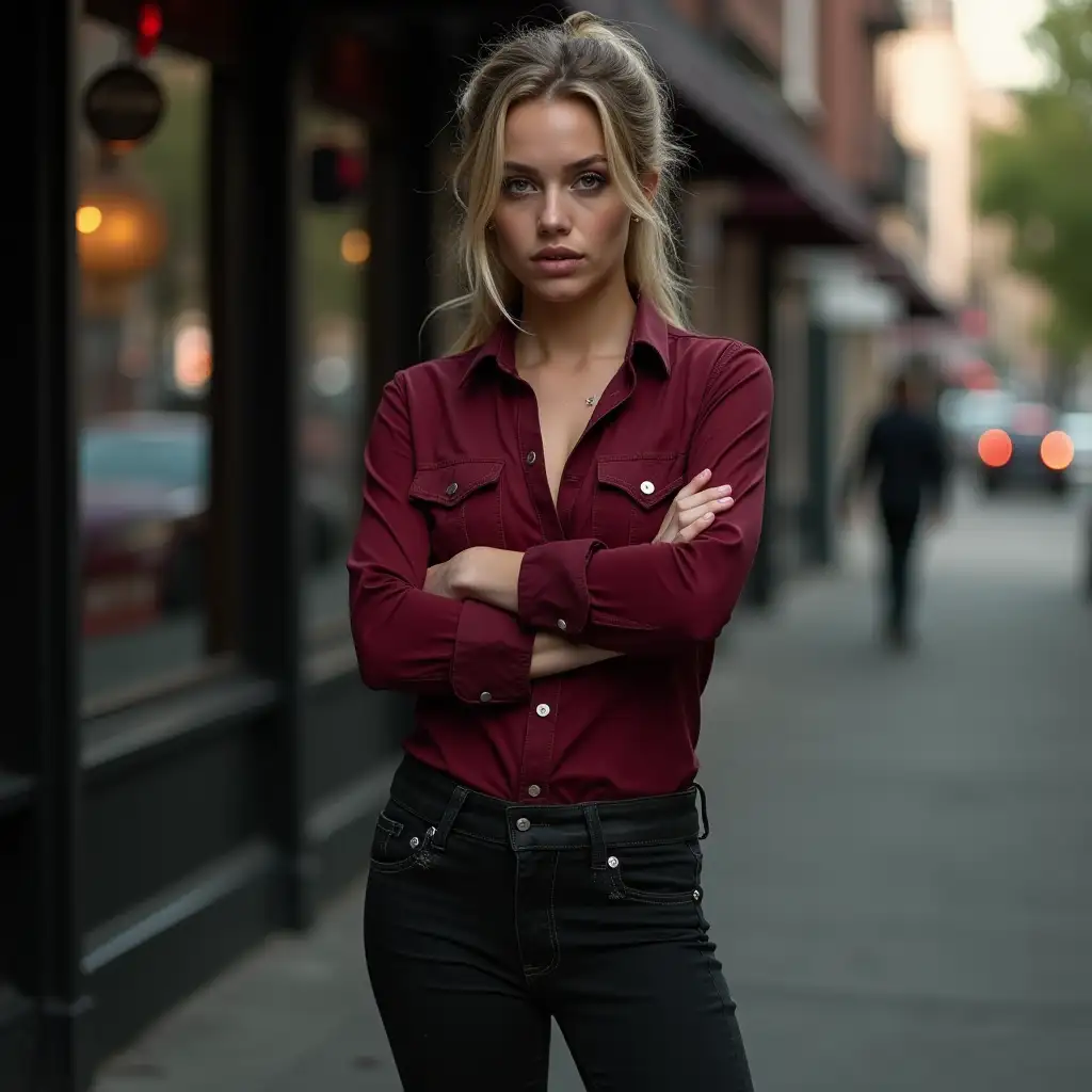 Teagan-Croft-in-Dark-Red-Shirt-and-Combat-Boots-Alley-Outside-a-Bar