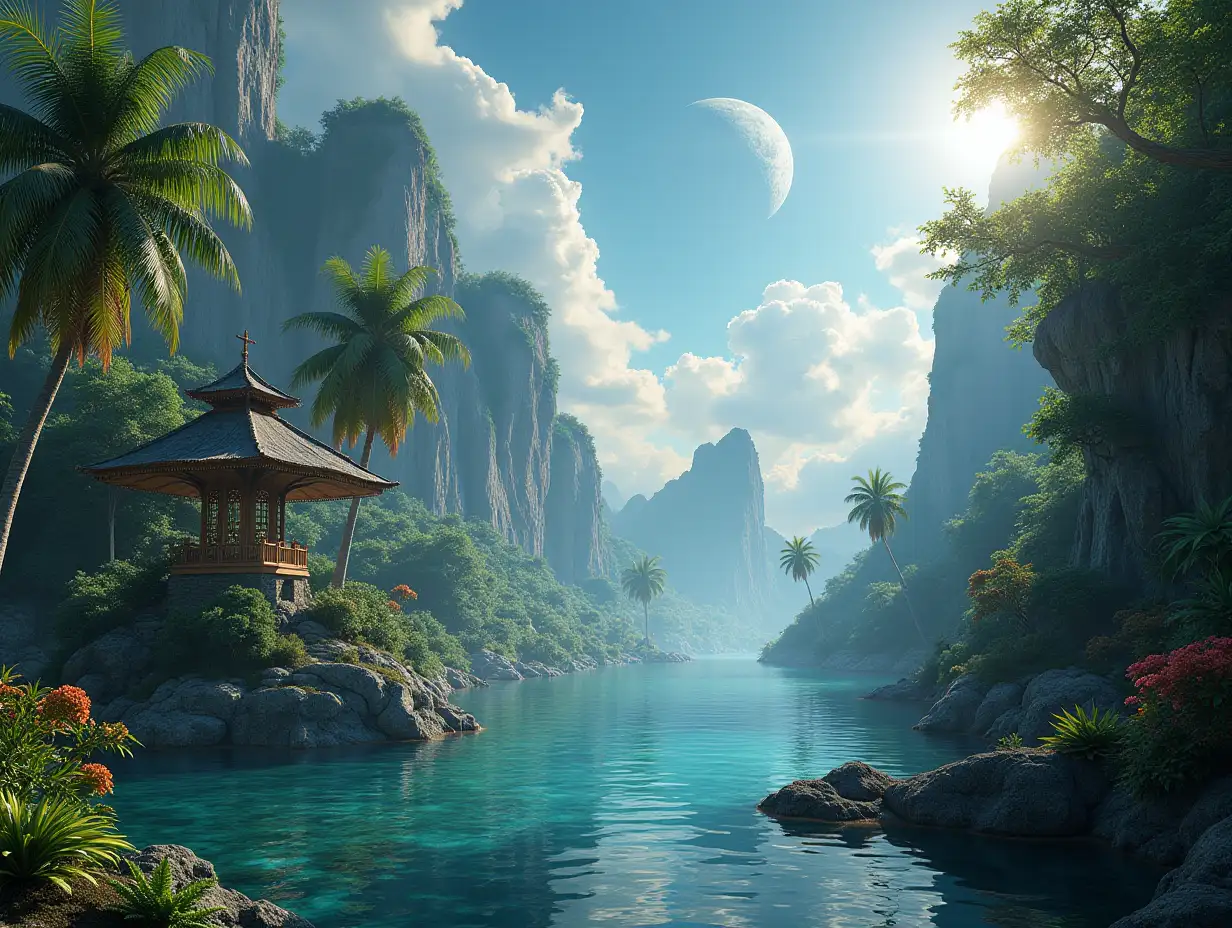Create for me a photorealistic image of Paradise on a planet