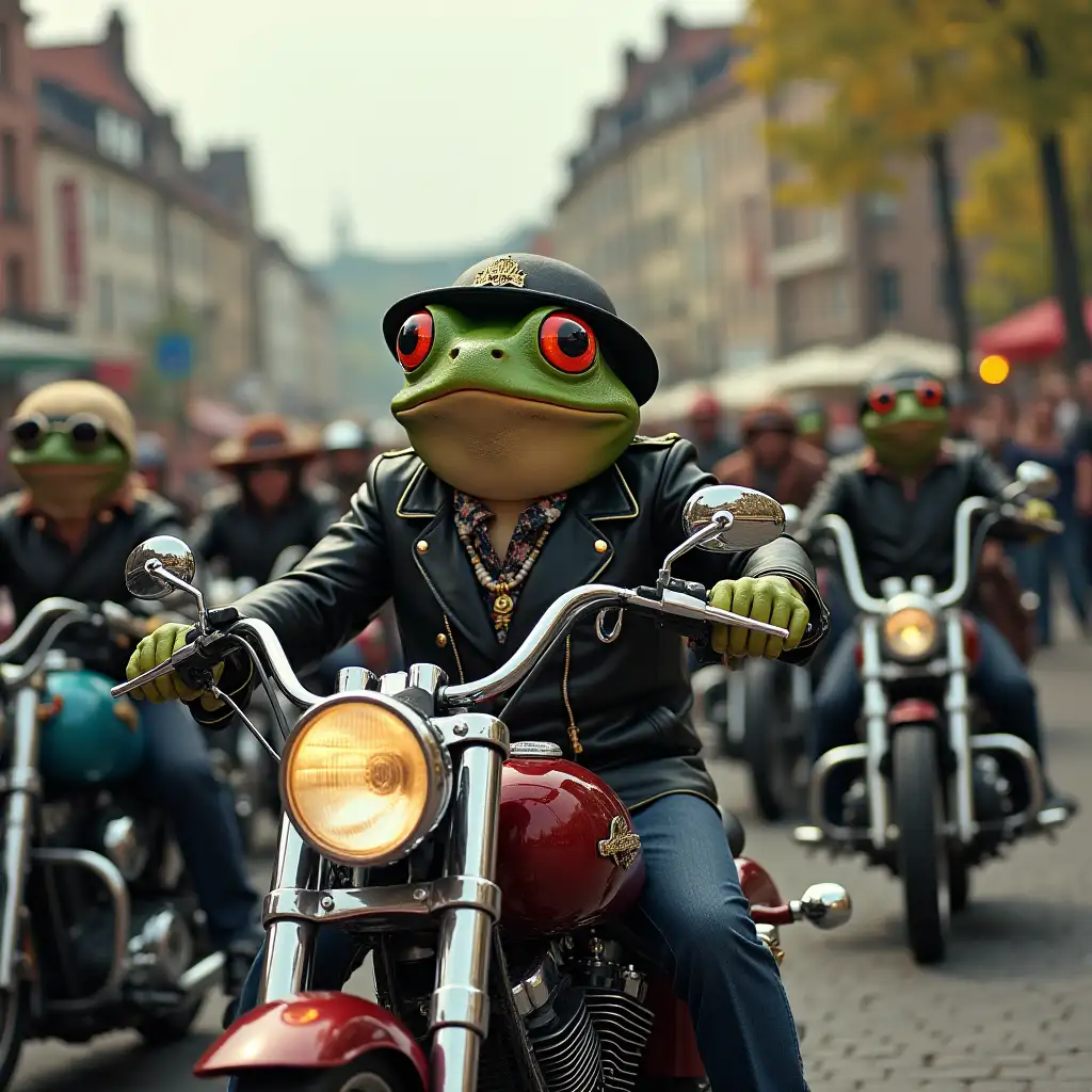 The motorcycle club the frogs are dressed like rockers and ride motorcycles in a German city