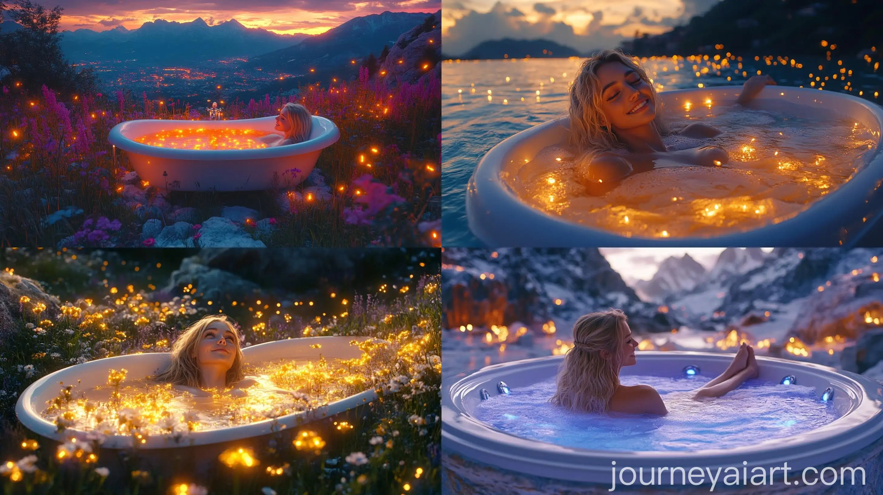 Blonde-Lady-in-Bathtub-on-Mountaintop-at-Night-with-Fireflies