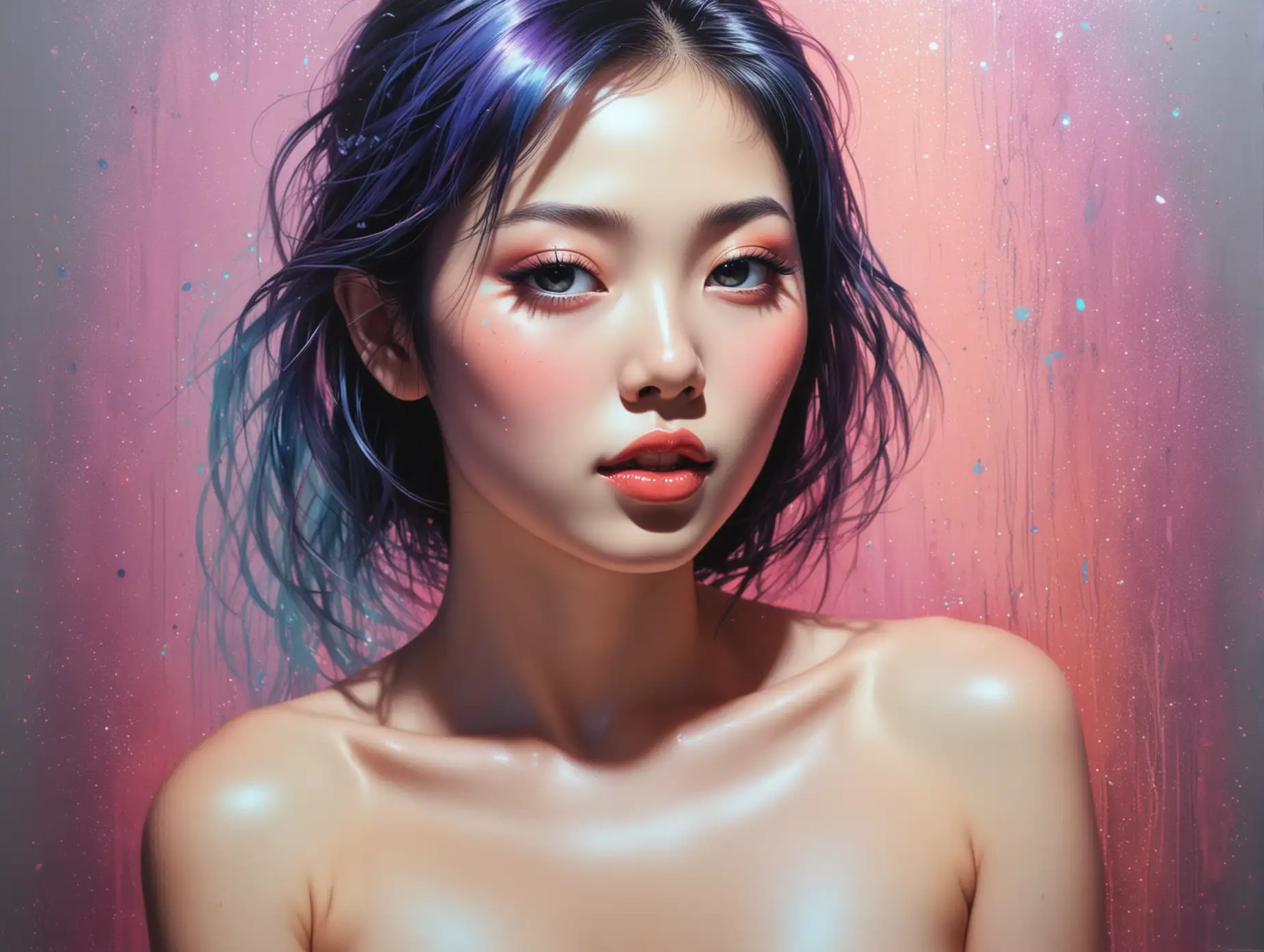 Bright iridescent pop art painting of beautiful nude Japanese girl. 