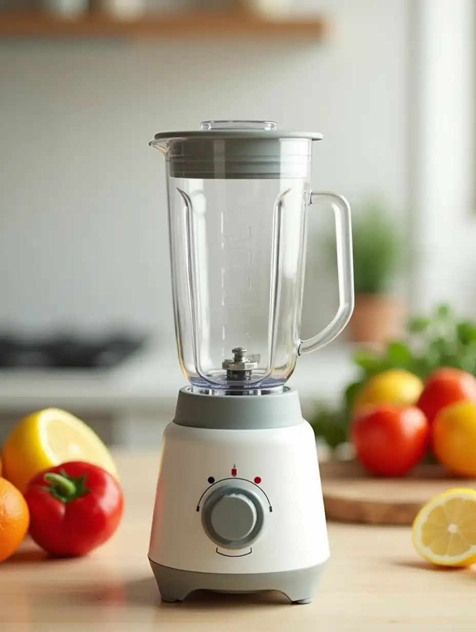 A modern blender on the kitchen table, near fruits and vegetables, in a clean and fresh style