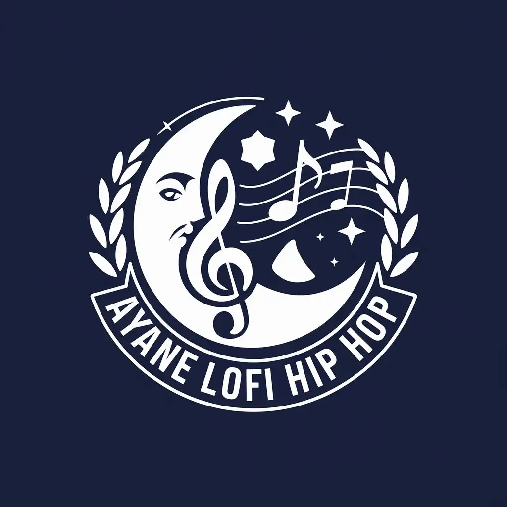 LOGO Design for Ayane Lofi Hip Hop Navy Blue White with Moon Cat Stars Musical Notes Theme