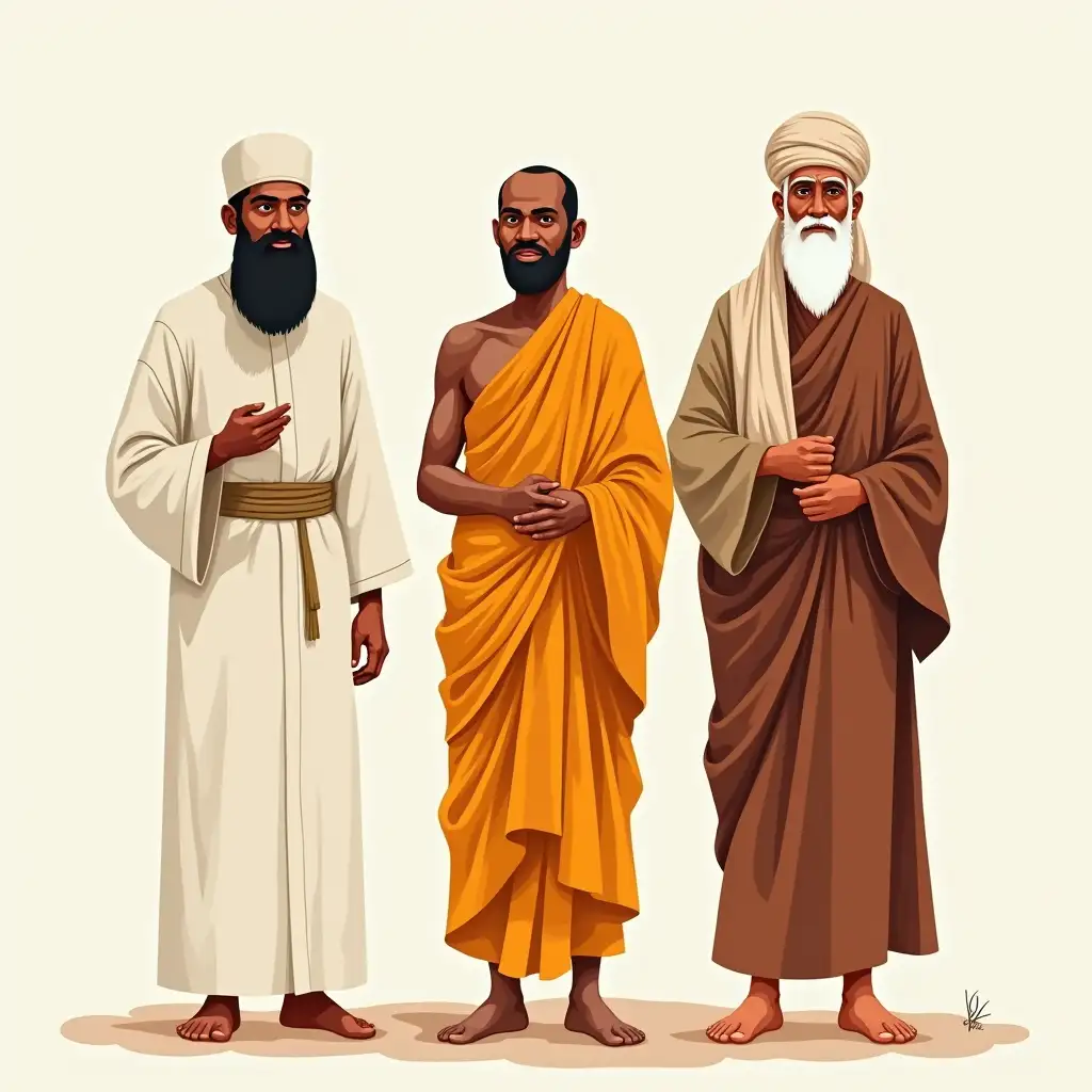 Illustrated Sri Lankan muslim moulavi a Buddhist monk and Hindu poosari and a Christian priest  full image up to feet 