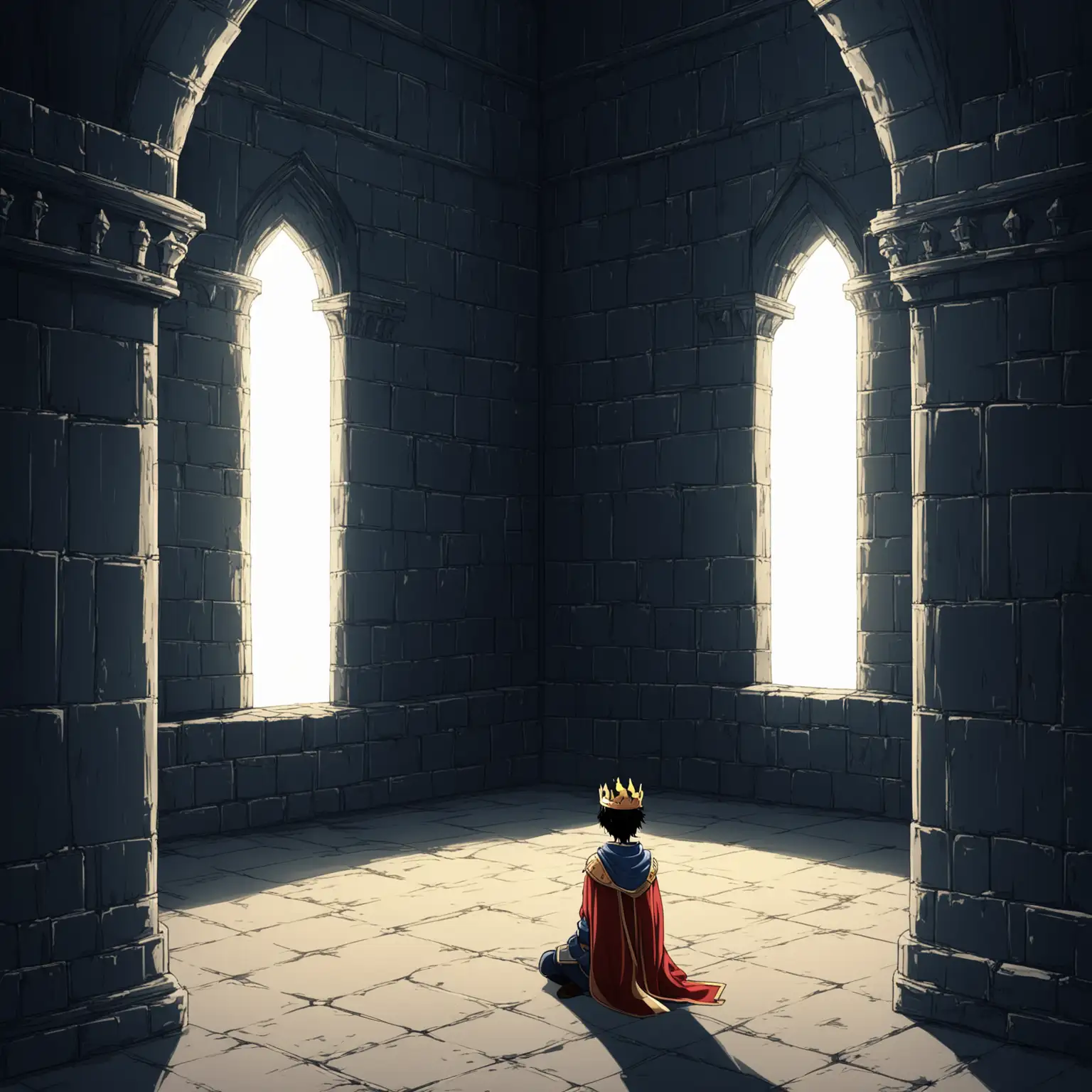 An anime-style lonely young king in an empty citadel.