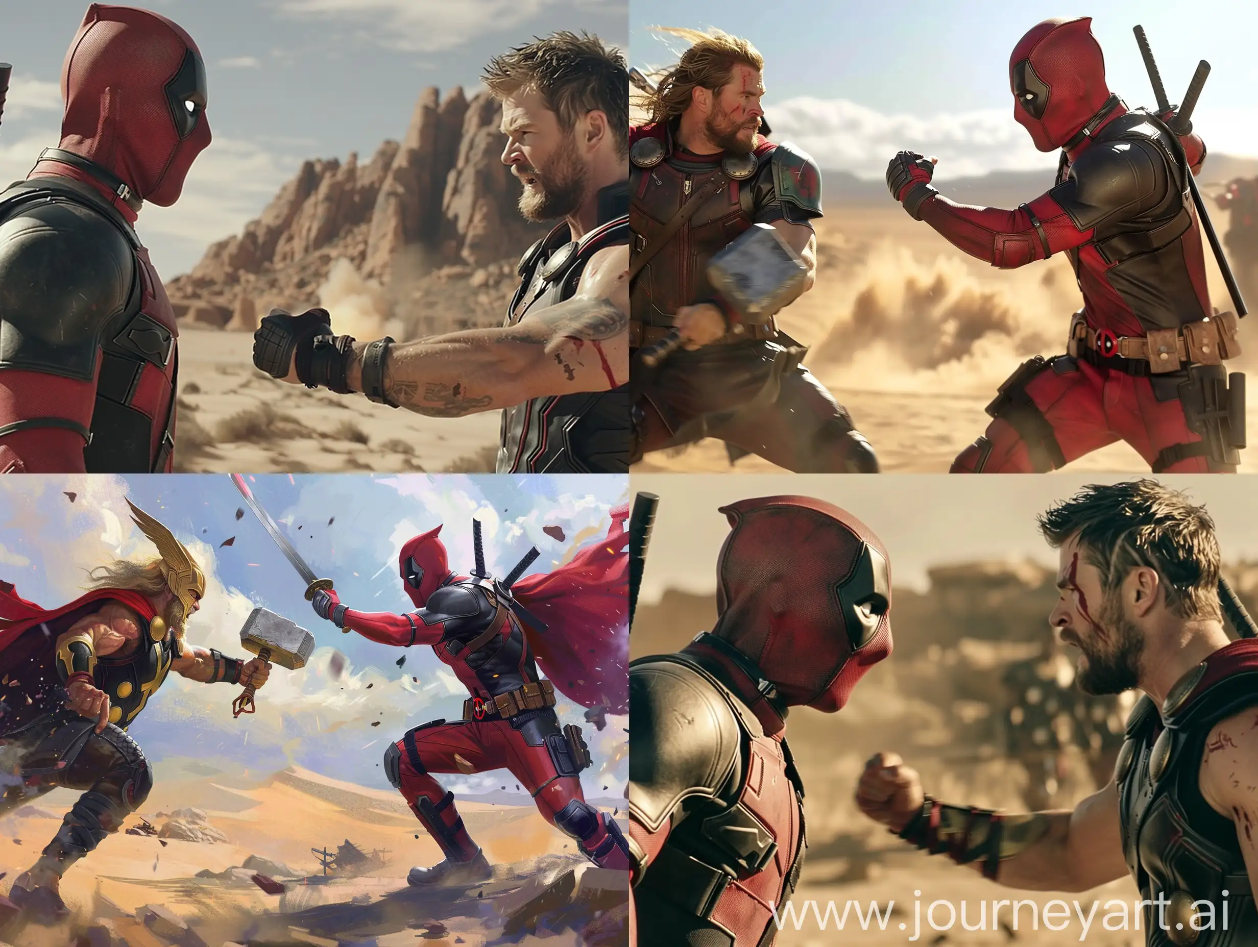 Deadpool-vs-Thor-Battle-in-Desert-Battlefield-with-Super-Powers