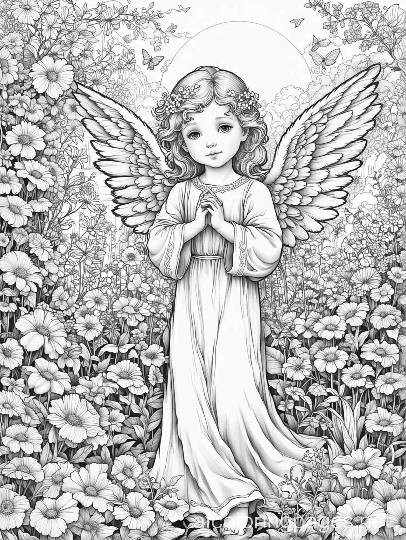 Angel at flower garden, Coloring Page, black and white, line art, white background, Simplicity, Ample White Space. The background of the coloring page is plain white to make it easy for young children to color within the lines. The outlines of all the subjects are easy to distinguish, making it simple for kids to color without too much difficulty