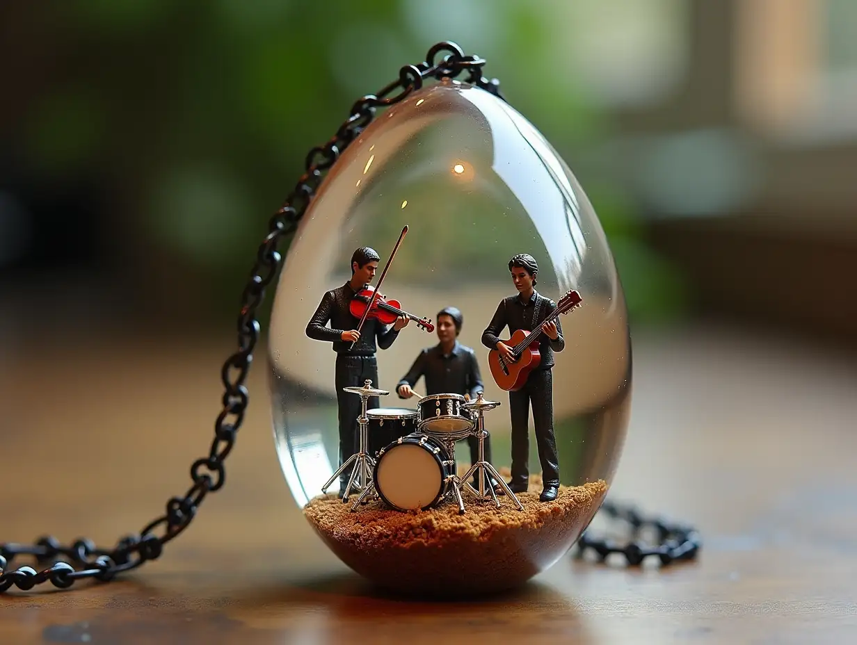 Create for me a glass egg pendant with a music band inside that plays a violin, drum set, guitar and flute